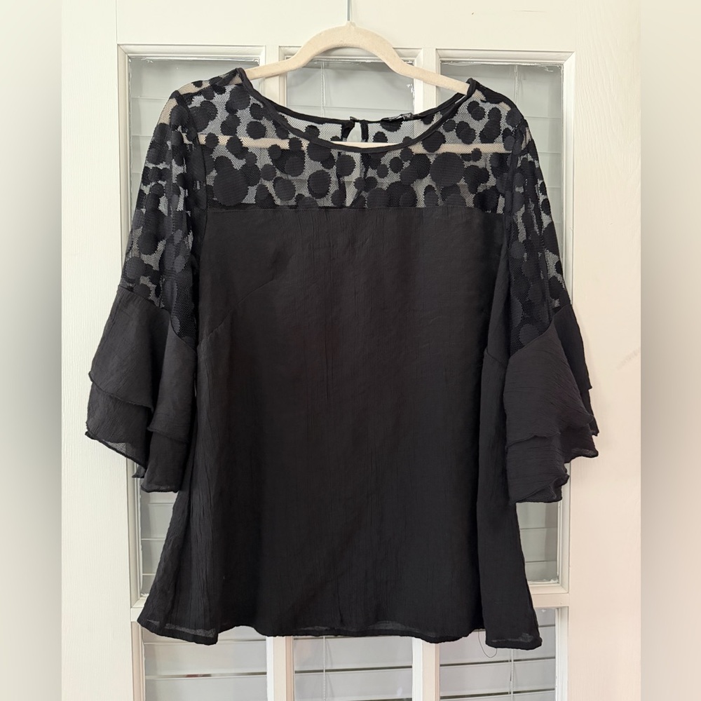 Unique Spectrum Women's 1X Black Semi Sheer Ruffle Sleeve Blouse | SKU 0256